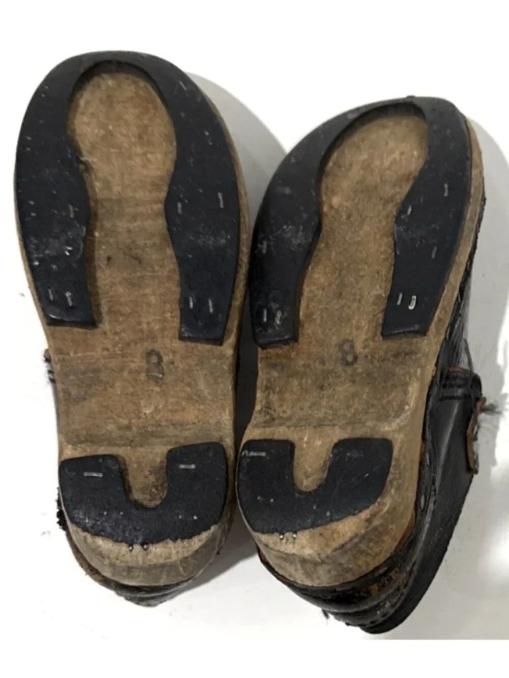 Antique Victorian Handmade Black Leather Wood Mary Jane Child Clogs Shoes Size 8